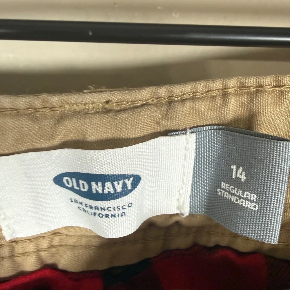 Old Navy Khaki Chino Flat Front Straight Leg Buffalo Check Lined Pants Size 14